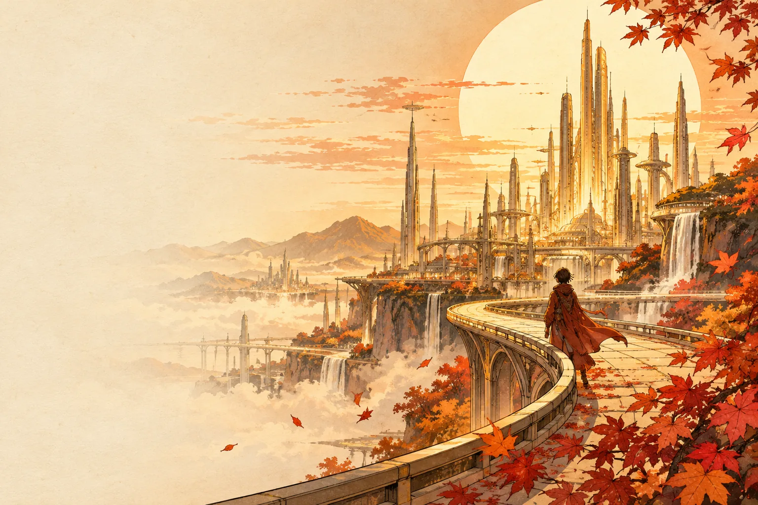 Illustration of a lone figure on a curved walkway looking toward a golden city under a pale sun, with maple leaves drifting.