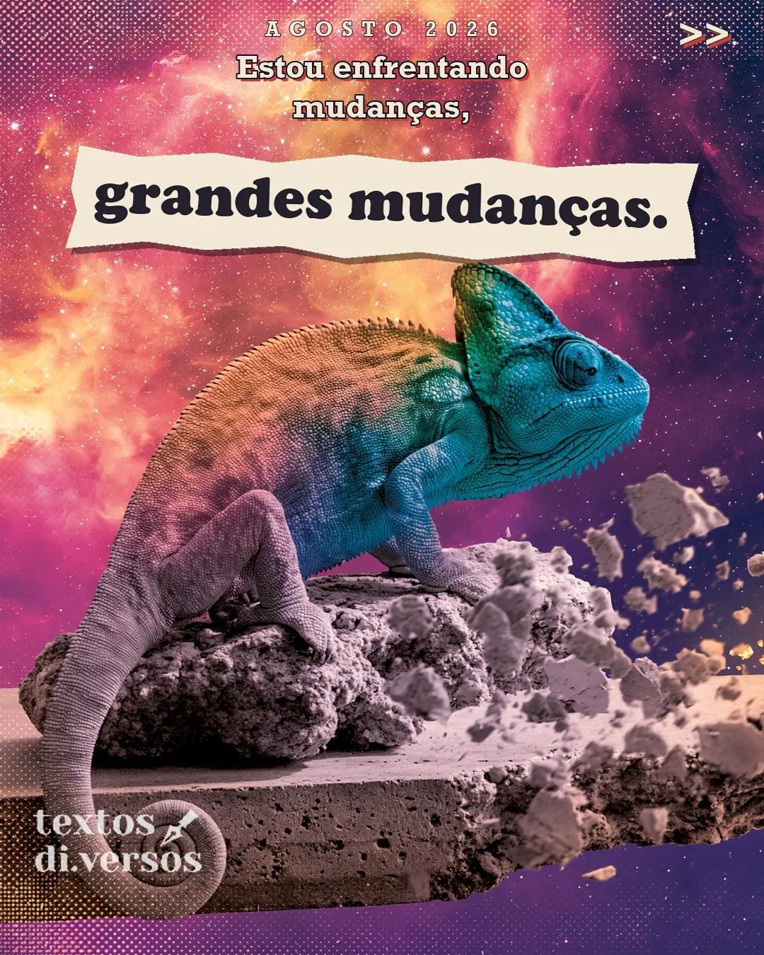 Arte do texto Mudanças: camaleão sobre plataforma de concreto que se parte no espaço