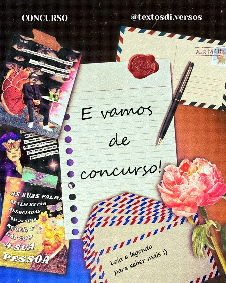 Colagem: cartas, envelope aéreo e caneta-tinteiro sobre papel pautado, com a frase "E vamos de concurso!"