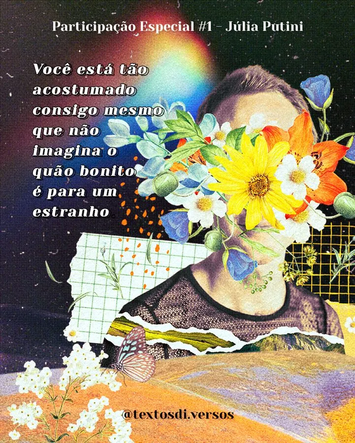 Colagem: rosto masculino coberto por um buquê de flores silvestres, sobre céu com arco-íris