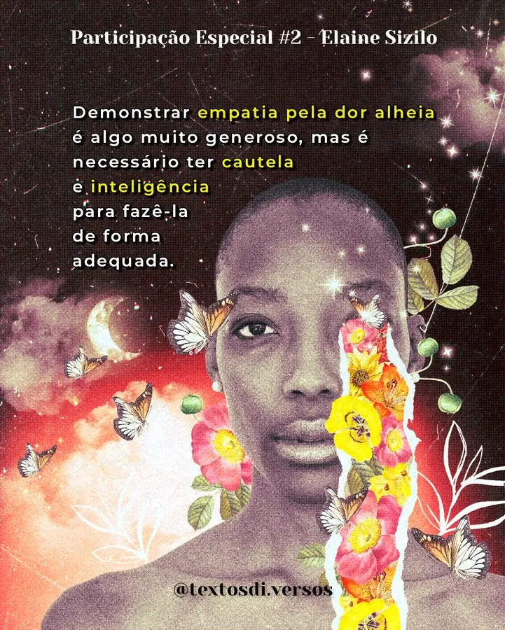 Colagem: rosto de mulher metade coberto por flores e borboletas, sobre céu vermelho